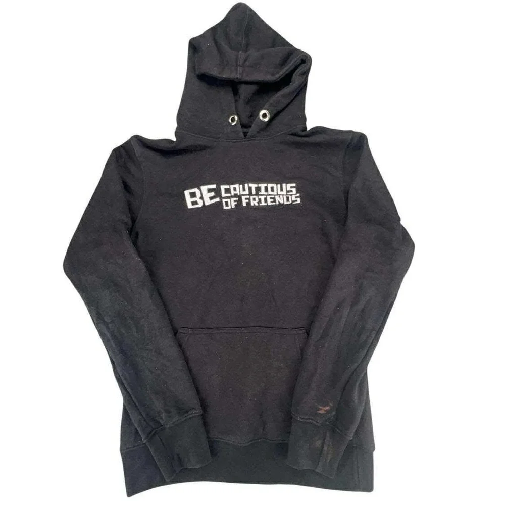 Y2K Be Cautious of Friends Hoodie Pullover Black Graphic Print Lightning Bolt XS